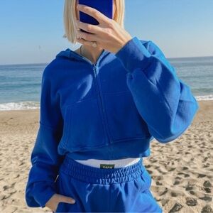 Daily Drills Oversized Cropped Zip Up Hoodie Sweatshirt M/L in Cobalt Blue